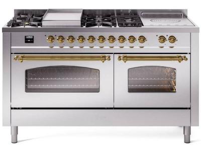 60" ILVE Nostalgie II Dual Fuel Natural Gas Freestanding Range in Stainless Steel with Brass Trim - UP60FSNMP/SSG NG