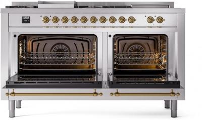 60" ILVE Nostalgie II Dual Fuel Natural Gas Freestanding Range in Stainless Steel with Brass Trim - UP60FSNMP/SSG NG