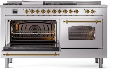 60" ILVE Nostalgie II Dual Fuel Natural Gas Freestanding Range in Stainless Steel with Brass Trim - UP60FSNMP/SSG NG