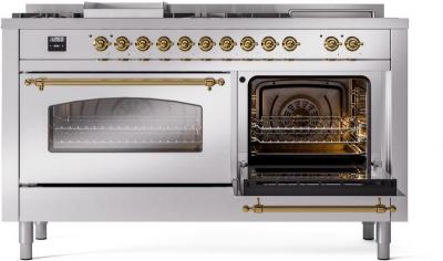 60" ILVE Nostalgie II Dual Fuel Natural Gas Freestanding Range in Stainless Steel with Brass Trim - UP60FSNMP/SSG NG