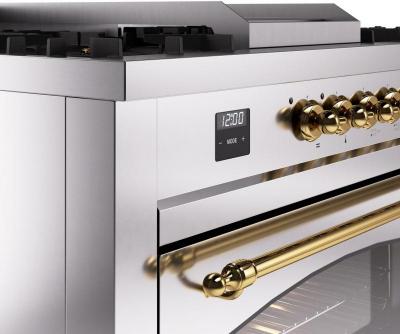 60" ILVE Nostalgie II Dual Fuel Natural Gas Freestanding Range in Stainless Steel with Brass Trim - UP60FSNMP/SSG NG