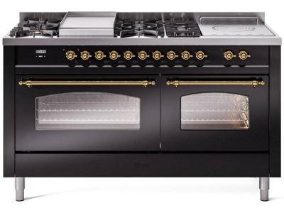 60" ILVE Nostalgie II Dual Fuel Natural Gas Freestanding Range in Glossy Black with Brass Trim - UP60FSNMP/BKG NG