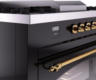 60" ILVE Nostalgie II Dual Fuel Natural Gas Freestanding Range in Glossy Black with Brass Trim - UP60FSNMP/BKG NG