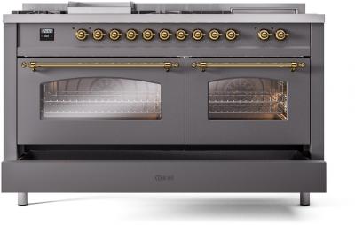 60" ILVE Nostalgie II Dual Fuel Natural Gas Freestanding Range in Matte Graphite with Brass Trim - UP60FSNMP/MGG NG