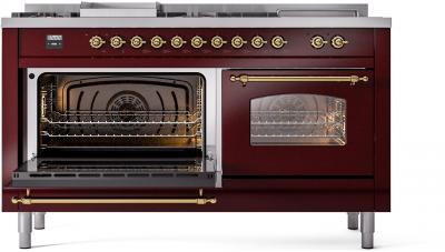 60" ILVE Nostalgie II Dual Fuel Natural Gas Freestanding Range in Burgundy with Brass Trim - UP60FSNMP/BUG NG