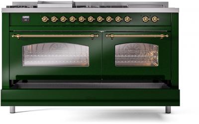 60" ILVE Nostalgie II Dual Fuel Natural Gas Freestanding Range in Emerald Green with Brass Trim - UP60FSNMP/EGG NG