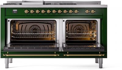 60" ILVE Nostalgie II Dual Fuel Natural Gas Freestanding Range in Emerald Green with Brass Trim - UP60FSNMP/EGG NG