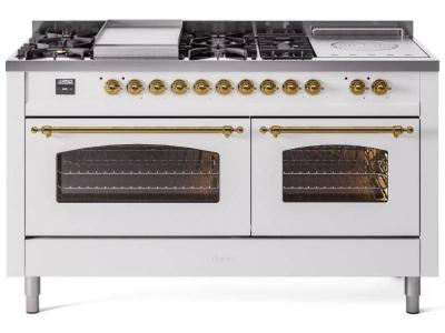 60" ILVE Nostalgie II Dual Fuel Natural Gas Freestanding Range in White with Brass Trim - UP60FSNMP/WHG NG