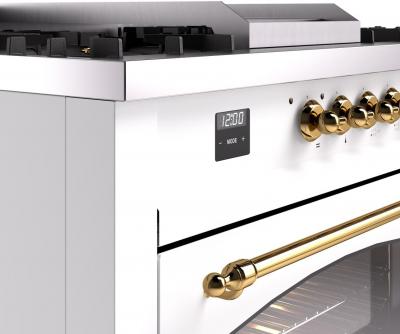 60" ILVE Nostalgie II Dual Fuel Natural Gas Freestanding Range in White with Brass Trim - UP60FSNMP/WHG NG