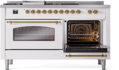 60" ILVE Nostalgie II Dual Fuel Natural Gas Freestanding Range in White with Brass Trim - UP60FSNMP/WHG NG