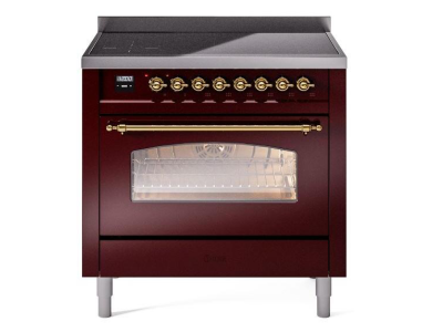 36" ILVE Nostalgie II Electric Freestanding Range in Burgundy with Brass Trim - UPI366NMP/BUG