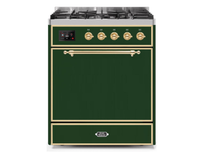 30" ILVE Majestic II Dual Fuel Freestanding Range in Emerald Green with Brass Trim -UM30DQNE3/EGG LP