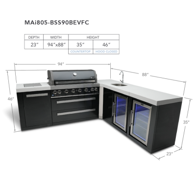 Mont Alpi 805 Island Grill with A 90-Degree Corner Beverage Center and Fridge Cabinet in black stainless steel - MAi805-BSS90BEVFC