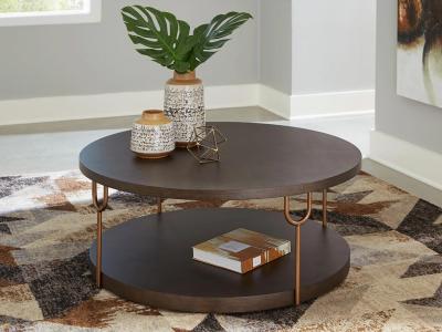 Signature Design by Ashley Brazburn Round Cocktail Table T185-8 Dark Brown/Gold Finish